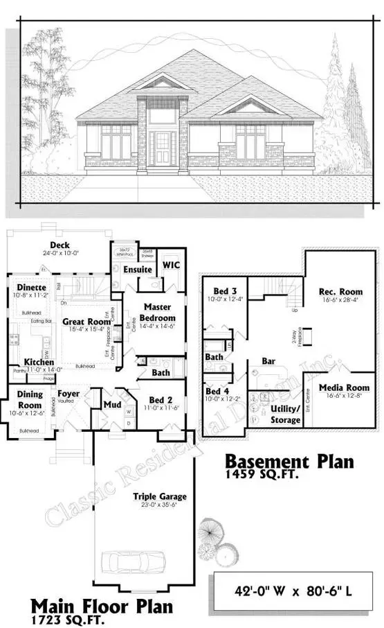 Architectural drawings: Exterior front elevation and floor plans of a single-story house with a basement, main floor, and triple garage.