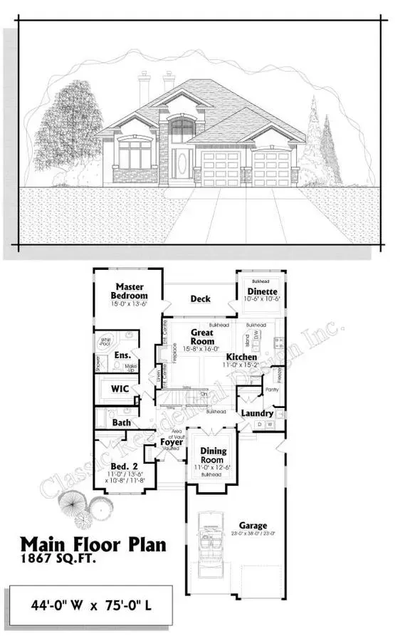 Architectural drawing: House exterior elevation above main floor plan, featuring a garage, main bedroom, and kitchen.
