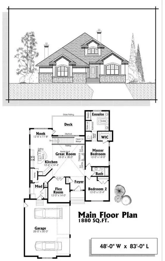 Architectural drawing: Front elevation and main floor plan of a two-story house; measures 46' wide by 63' long.