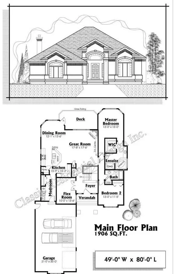 Architectural drawing: Front elevation and floor plan of a single-story house with a garage.