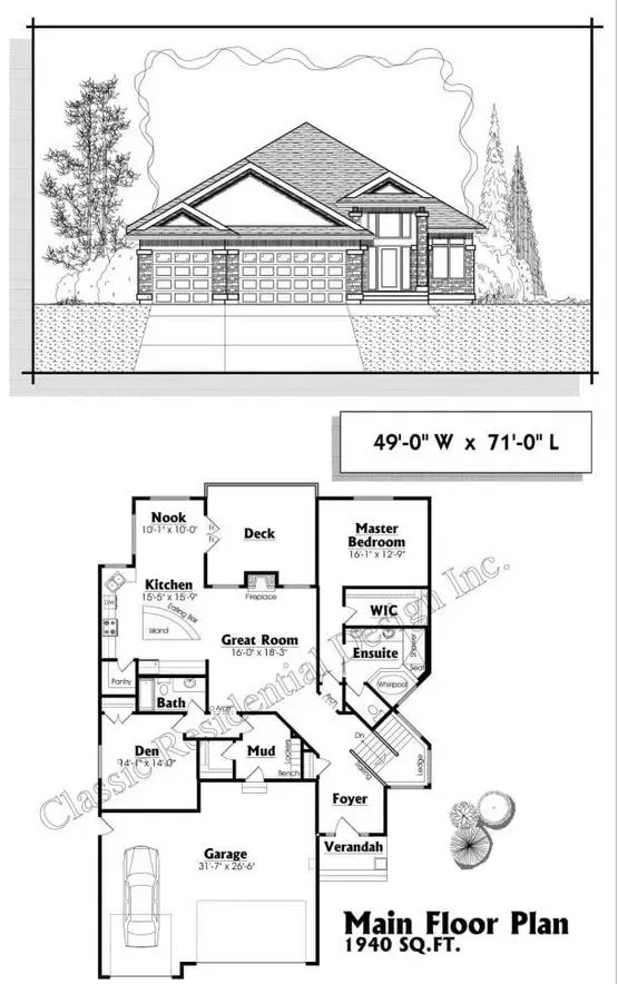 House blueprint: Front elevation with garage and floor plan showing main floor layout.