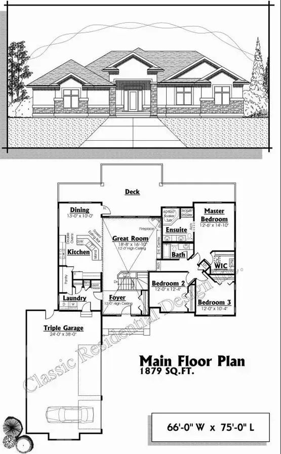 Elevation and floor plan of a single-story house. Exterior view and layout with rooms labeled.