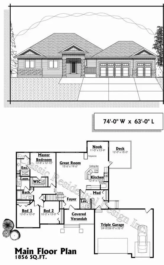 Architectural rendering: Exterior and floor plan of a ranch-style house with a triple garage; dimensions 74'W x 62'L; 1856 sq ft.