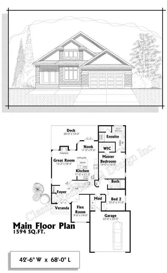 Architectural drawing: front elevation and main floor plan of a house. Includes garage, bedrooms, and living spaces.