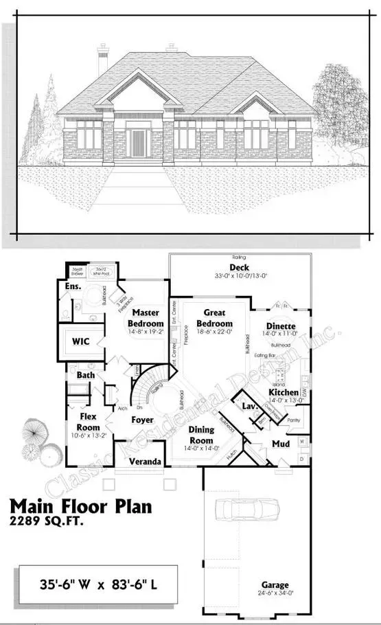 Architectural drawing of a home: front elevation with a main floor plan below, displaying room layouts and dimensions.
