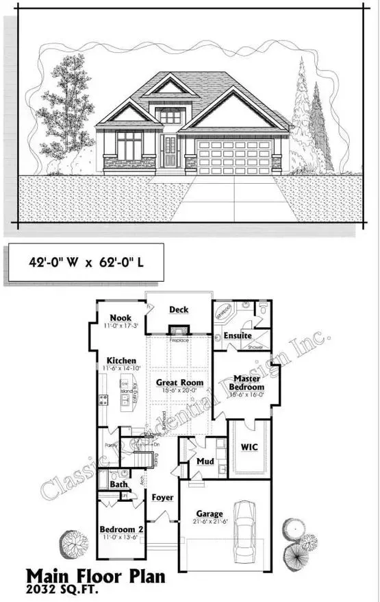 House plan: front elevation and main floor layout. Features a 2-car garage, bedrooms, kitchen, and living spaces.