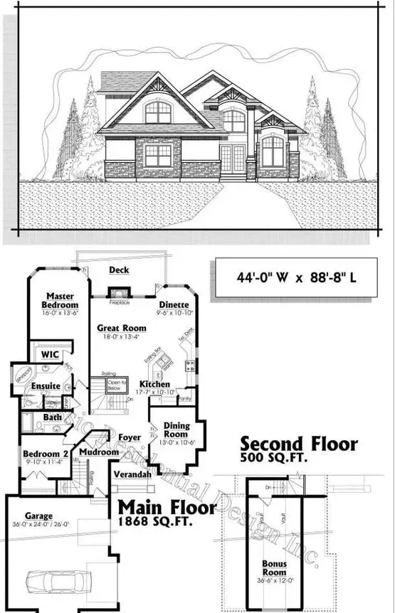 House architectural blueprint: elevation view and floor plan with main and second floor, 44' W x 88' 8