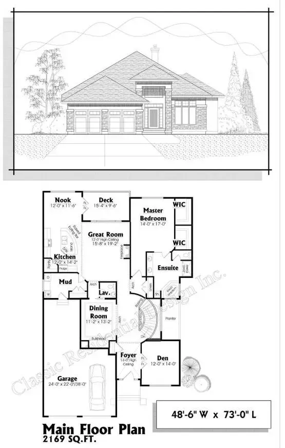 Front elevation and main floor plan of a house, exterior and interior layout shown in black and white.