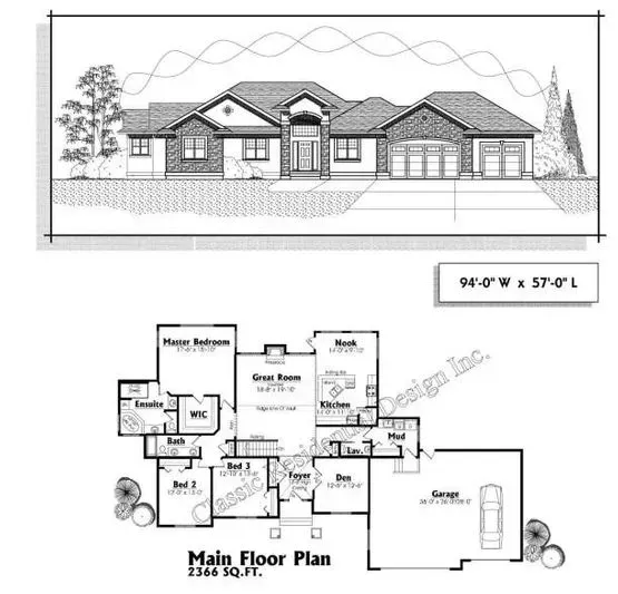House plan and exterior view: single-story house with main floor plan, featuring a garage, bedrooms, and living areas.