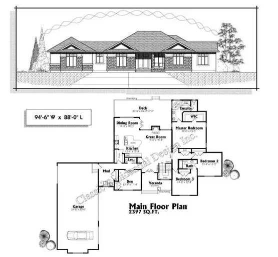 Architectural drawing: a one-story house with a front elevation and floor plan, showing a garage, bedrooms, and living areas.