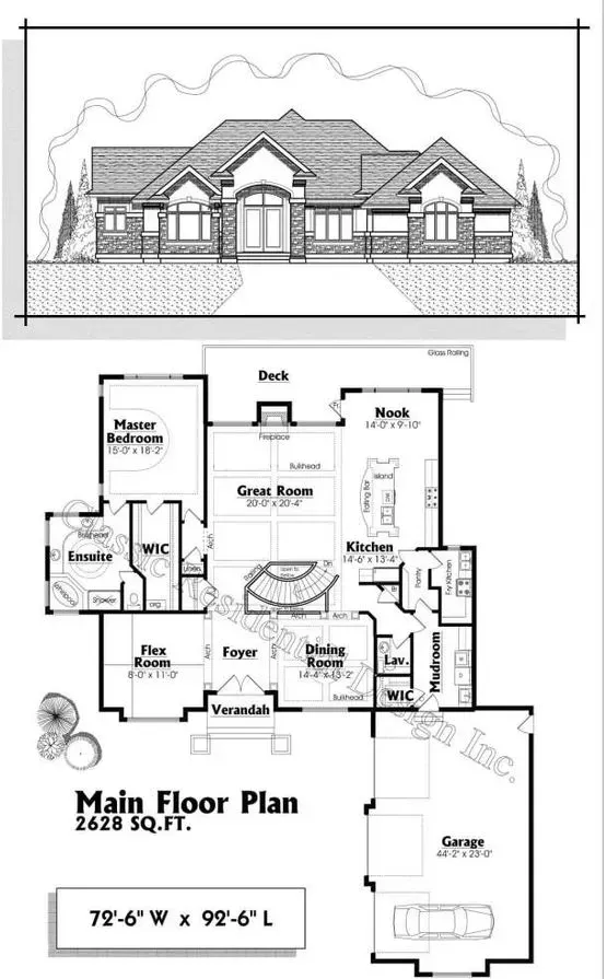 Architectural drawing: Front elevation and main floor plan of a brick ranch-style house with a garage.