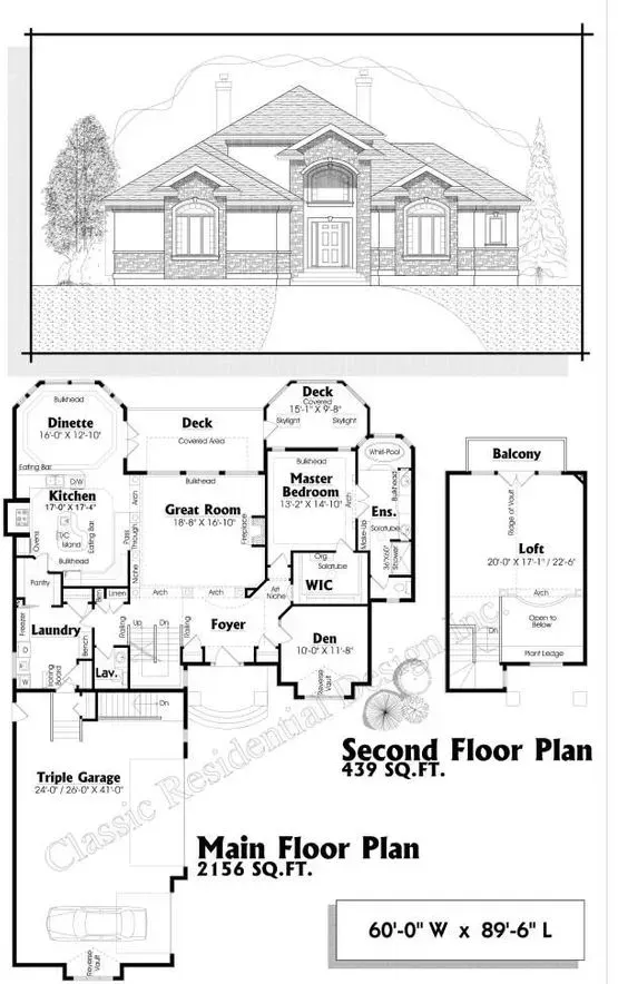 Architectural drawing: Front elevation and floor plans of a two-story house. Main floor is 2156 sq ft.