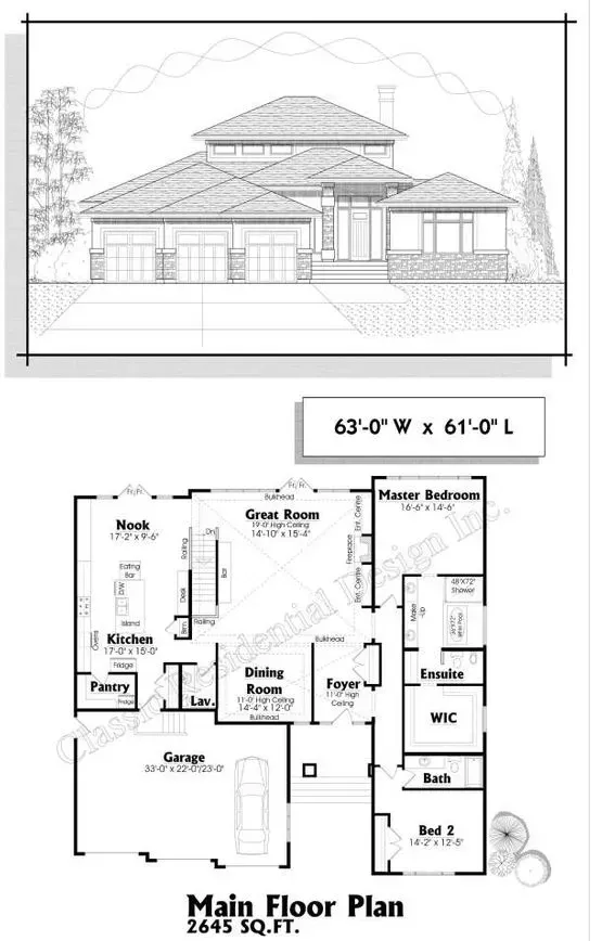 Architectural sketch: front elevation and main floor plan of a two-story house with garage; labeled rooms, dimensions provided.