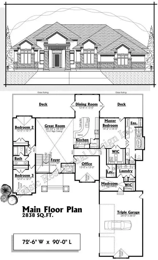 Architectural rendering of a house with a front elevation above a main floor plan layout.