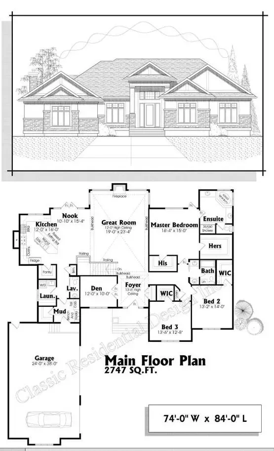 Architectural rendering of a house with a main floor plan, total area 2747 sq. ft. Shows exterior and interior layout.