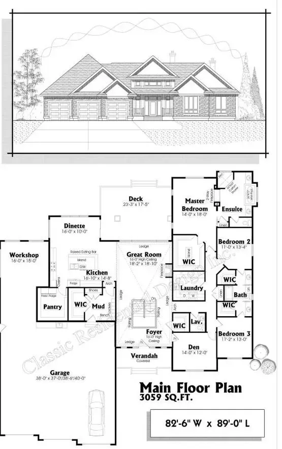 A house blueprint with a front elevation view, displaying the main floor plan layout.