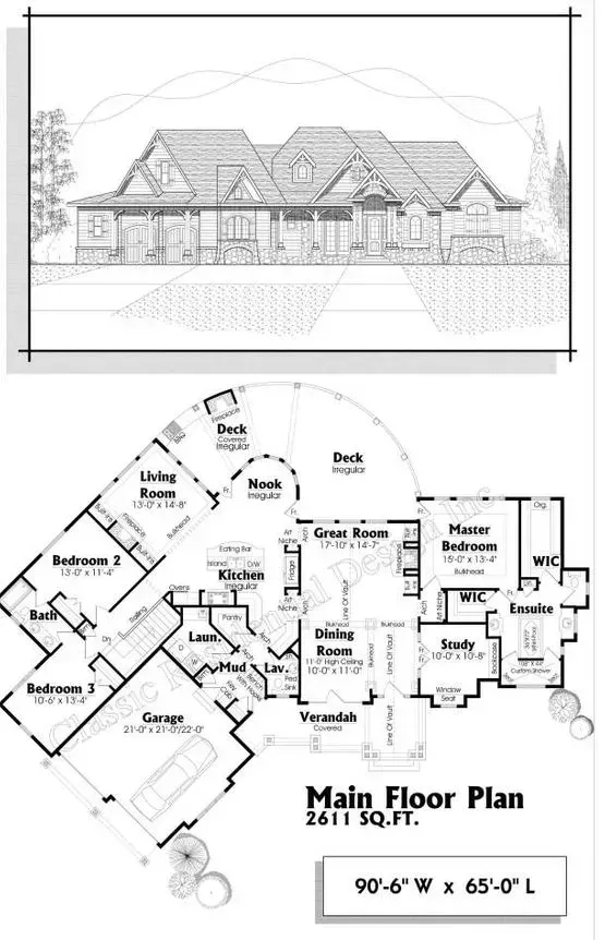 Architectural drawing: house exterior sketch and main floor plan layout.