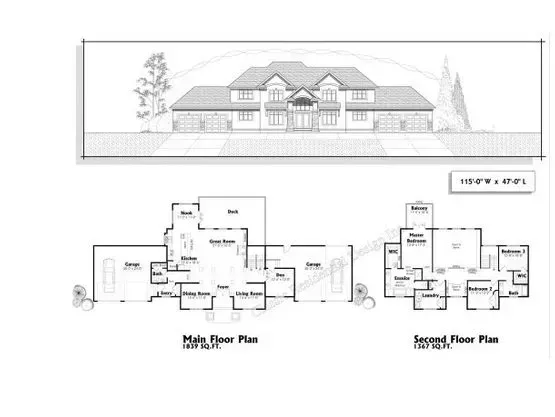Architectural drawing of a two-story house, including elevation and floor plans for main and second floors.