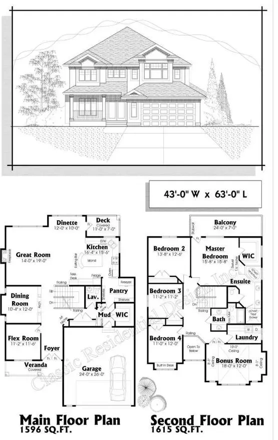 House plan with elevation, main and second floor layouts. Includes dimensions and room names.