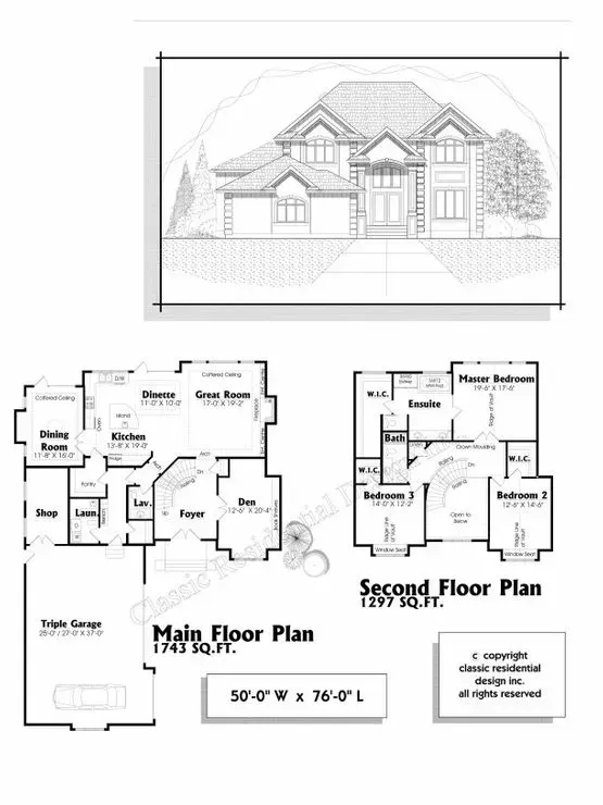 Architectural rendering: house exterior and floor plans. 1743 sq ft main floor, 1247 sq ft second floor. 53' W x 76' L.