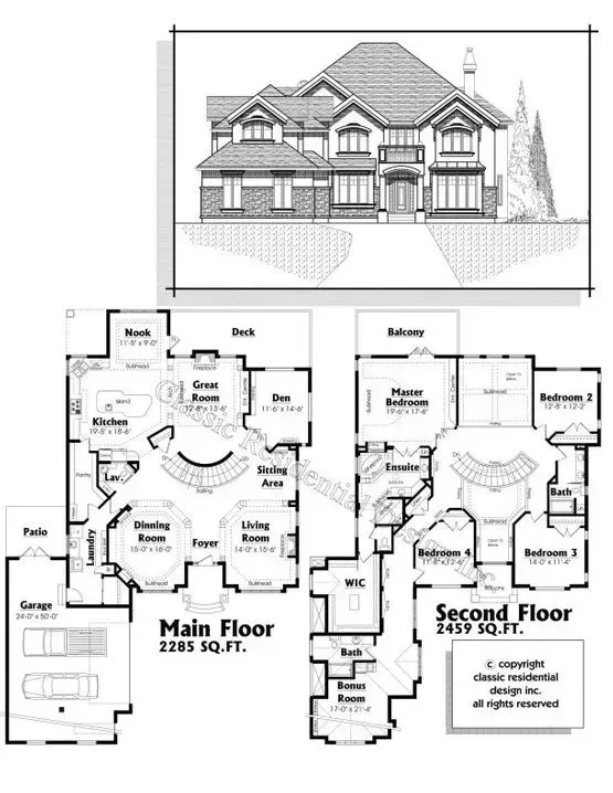 Architectural drawing: exterior elevation and floor plans for a two-story house, with the main and second floor layouts detailed.