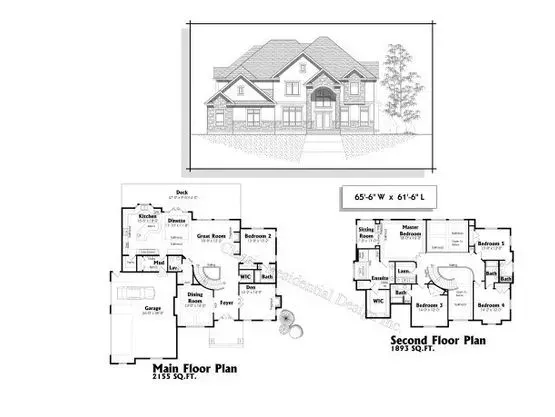 Architectural house plan with front elevation, main floor, and second floor layout.