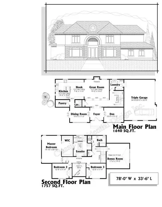 Architectural drawing of a two-story house, with main floor and second floor plans, and front elevation view.