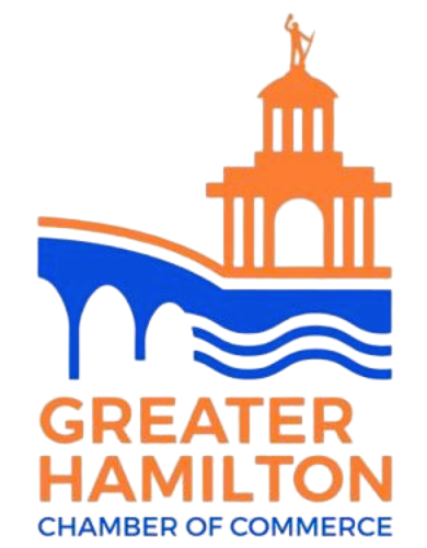 Greater Hamilton Chamber of Commerce logo featuring an orange building, blue bridge, and text on a white background.