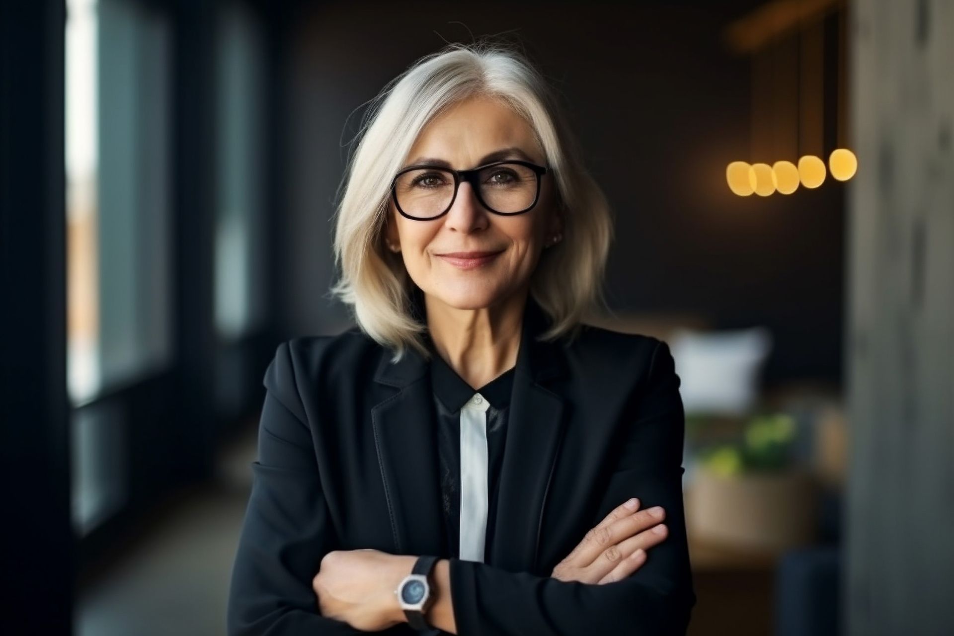 An older woman wearing glasses and a suit is standing with her arms crossed.