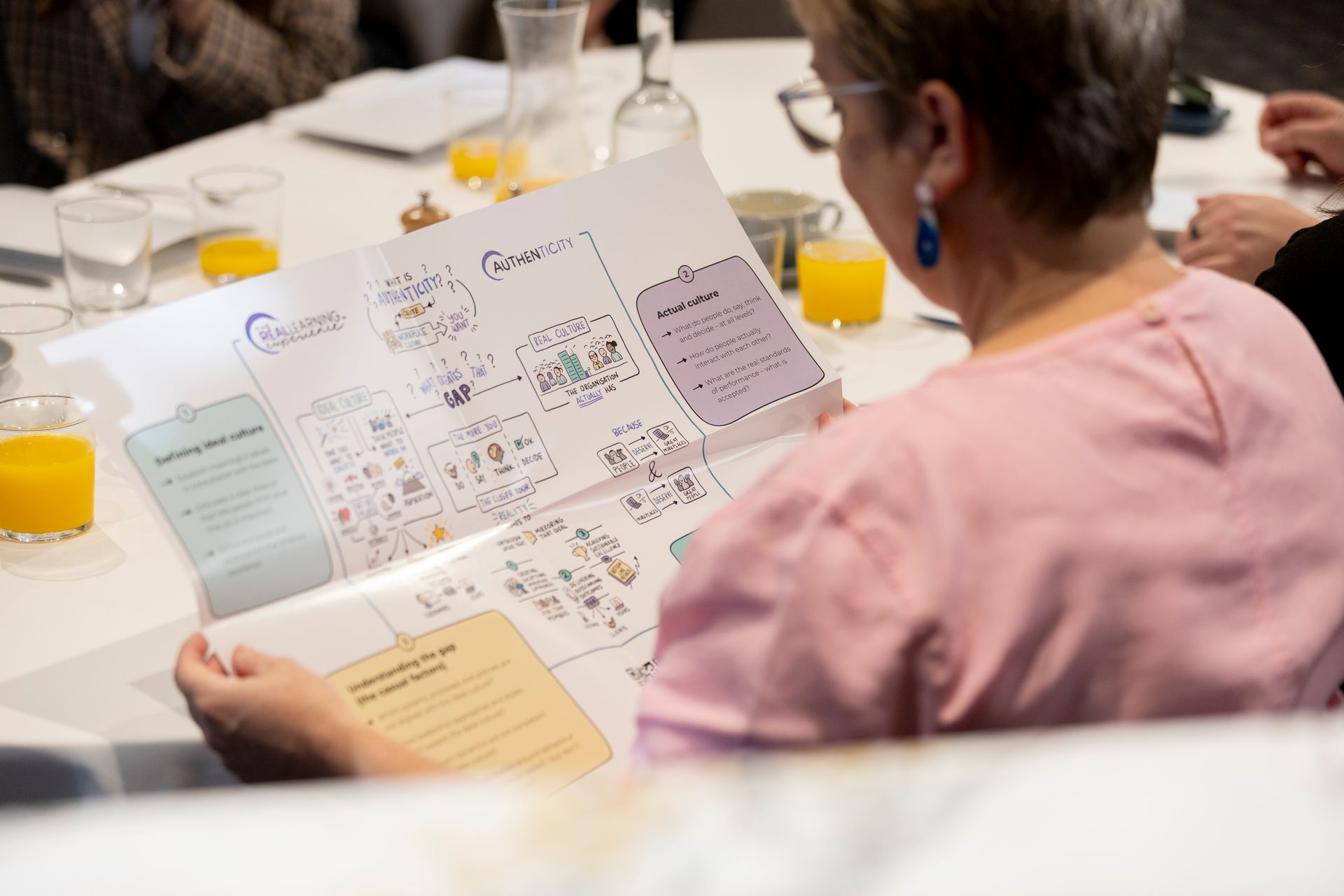 A woman is sitting at a table reading a book.