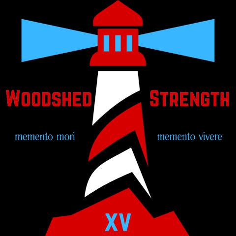 A lighthouse with the words woodshed strength memento mori memento vivere