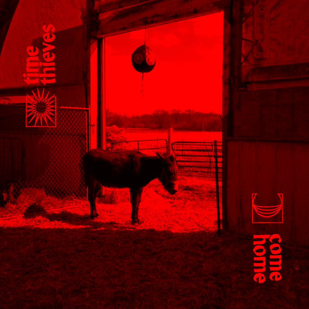 A horse is standing in a barn with a red background.