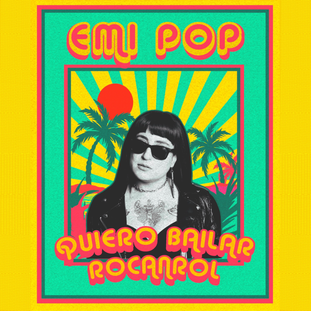 A colorful poster with a woman wearing sunglasses and a tattoo on her chest.