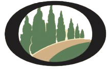 A logo showing a curved path leading past a row of tall, green cypress trees inside a black oval frame.