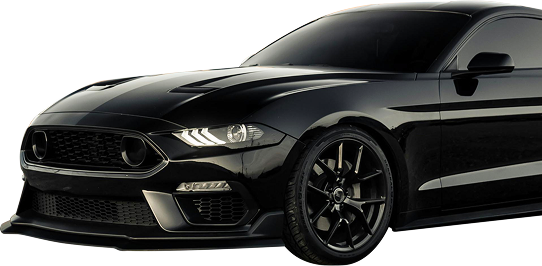 Black Ford Mustang with black wheels and a front spoiler.