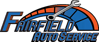 Fairfield Auto Service logo with wrench, speedometer design, blue and orange color scheme.