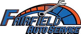 Fairfield Auto Service logo with wrench, speedometer design, blue and orange color scheme.
