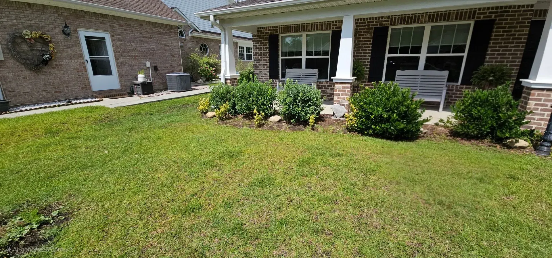 A brick home with a green lawn, garden beds, and two chairs on the porch.