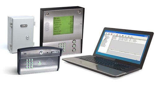 Access control system: keypads, display, cabinet, and laptop computer.