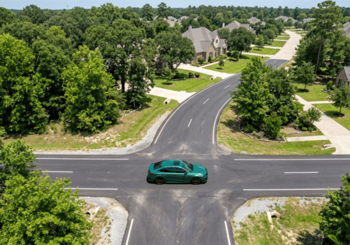 Aerial view of a green sedan driving through a quiet suburban neighborhood with tree-lined streets
