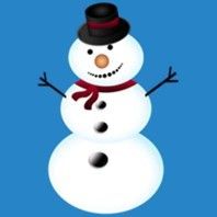 Snowman with black top hat, scarf, and stick arms against a blue background.