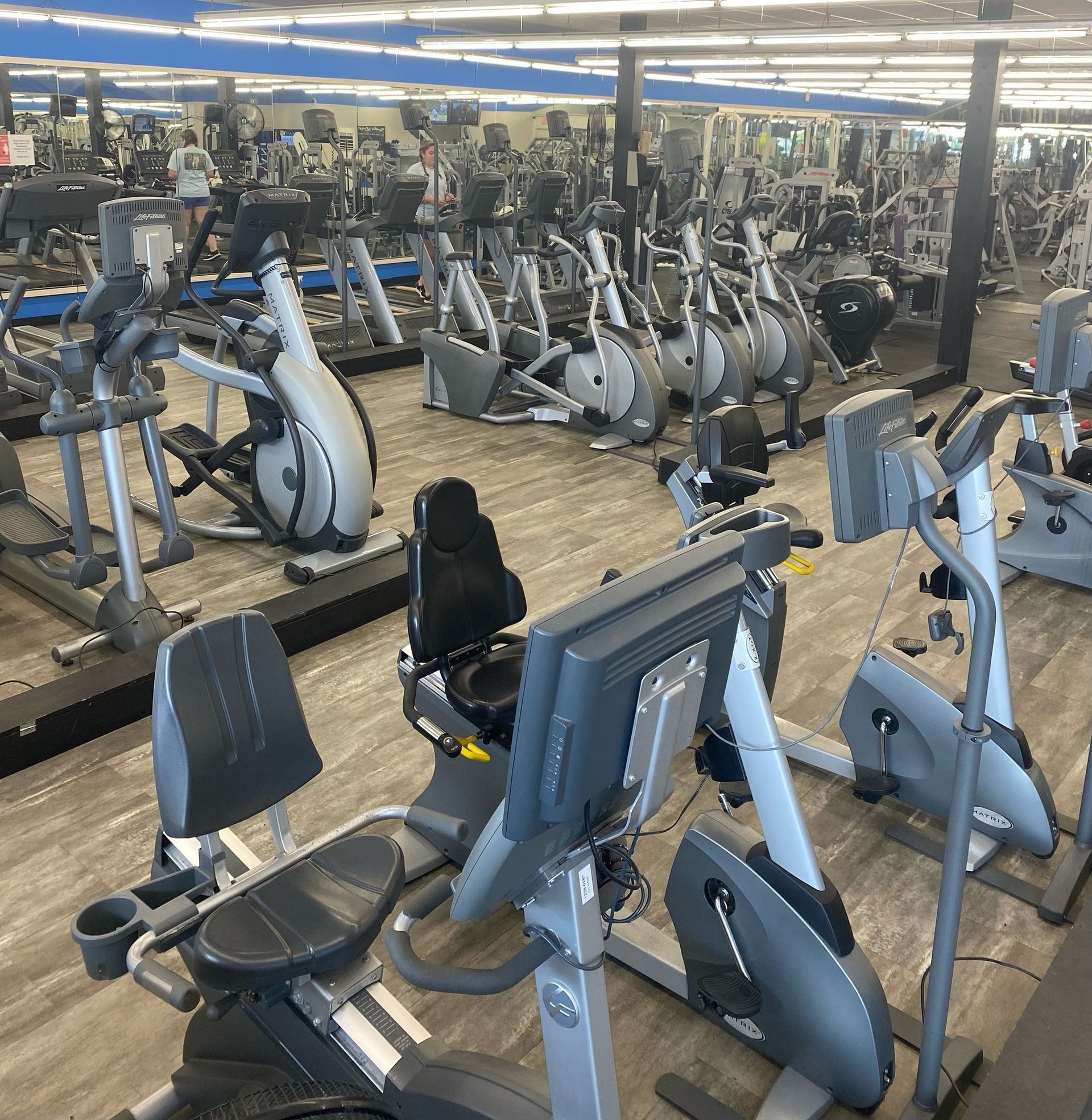 Gym interior with rows of exercise machines, including treadmills and stationary bikes.