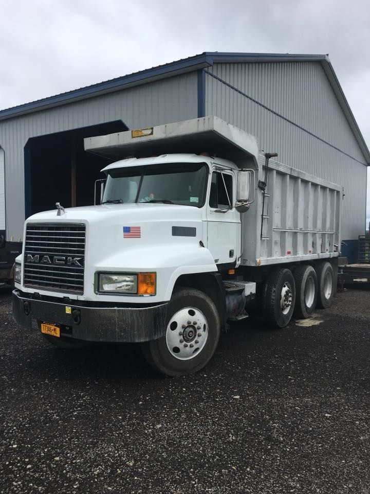 A white dump truck is parked in front of a building.