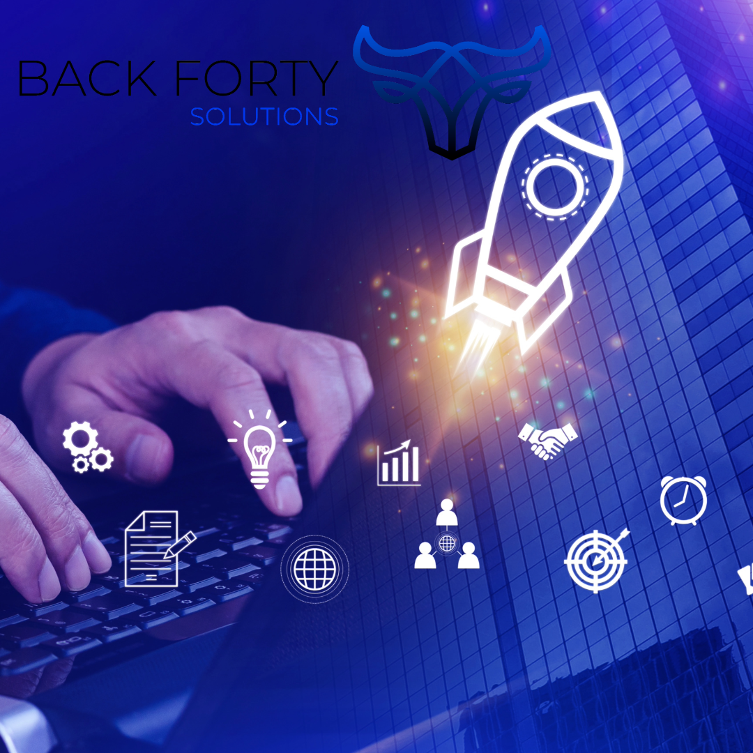 Person typing on keyboard with business icons, rocket ship, and skyscraper in background.