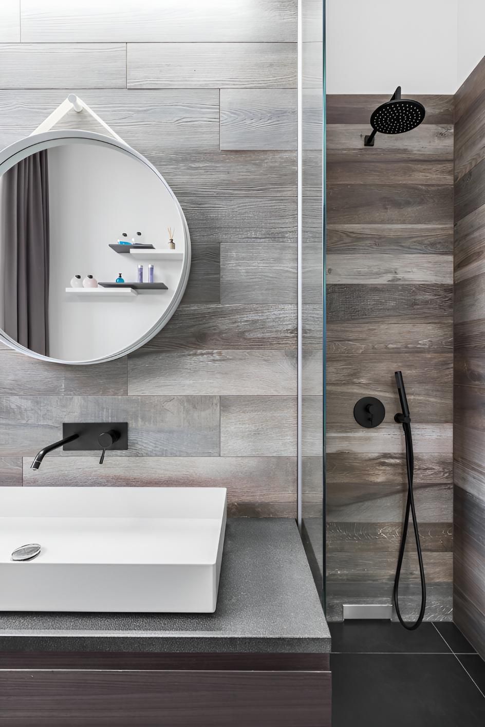 Modern Bathroom With Wood-look Tile Walls — ASpect Wall & Floor Tiling in Port Macquarie, NSW