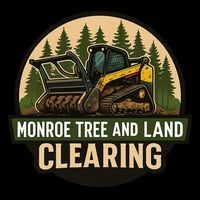 Logo for Monroe Tree and Land Clearing: a tracked skid steer in front of trees, green, gold, and black.
