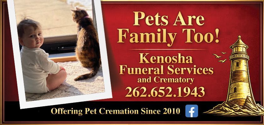 A promotional ad for Kenosha Funeral Services featuring a baby and cat, the text 
