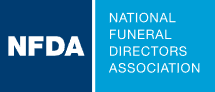 Logo for the National Funeral Directors Association (NFDA) with white text on a split dark blue and light blue background.