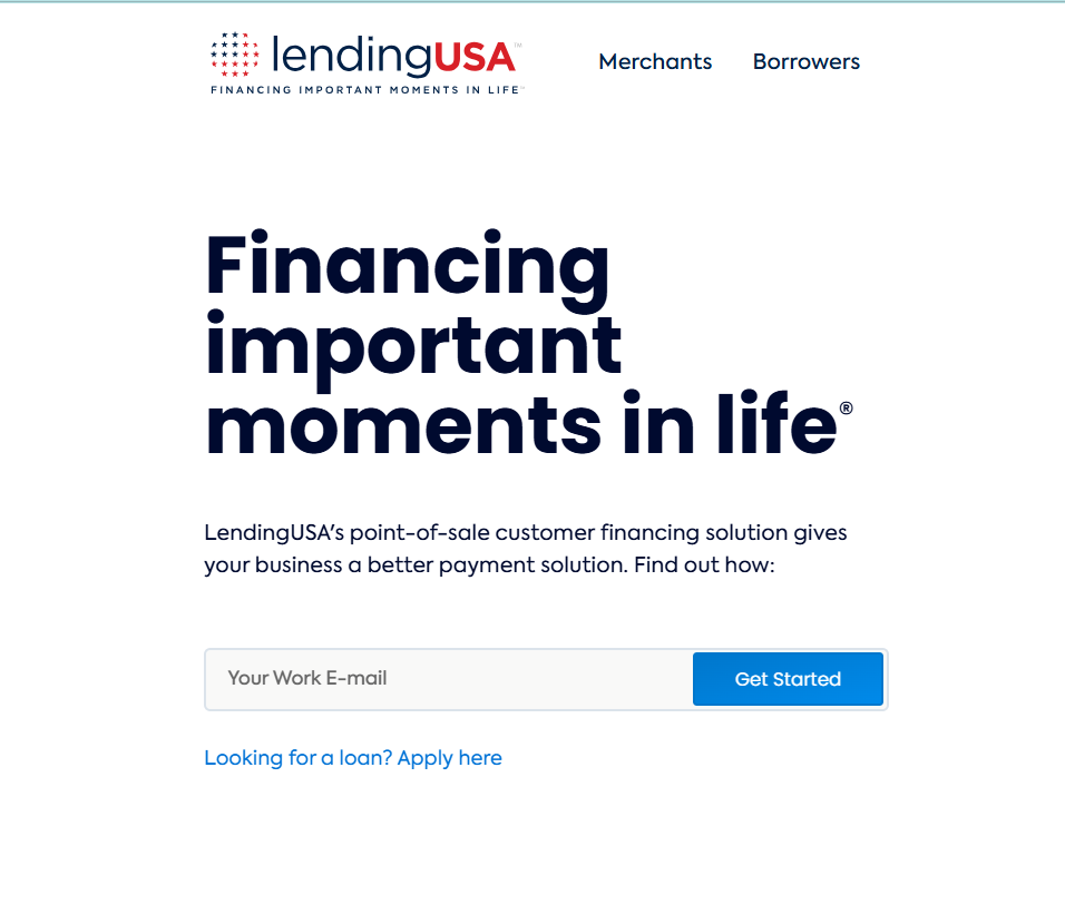 LendingUSA website homepage with a field to enter a work email and a 