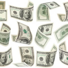 Several United States hundred-dollar bills floating and curled against a white background.